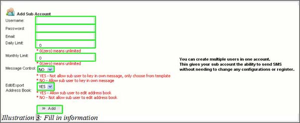 iSMS Sub Account — fill in details