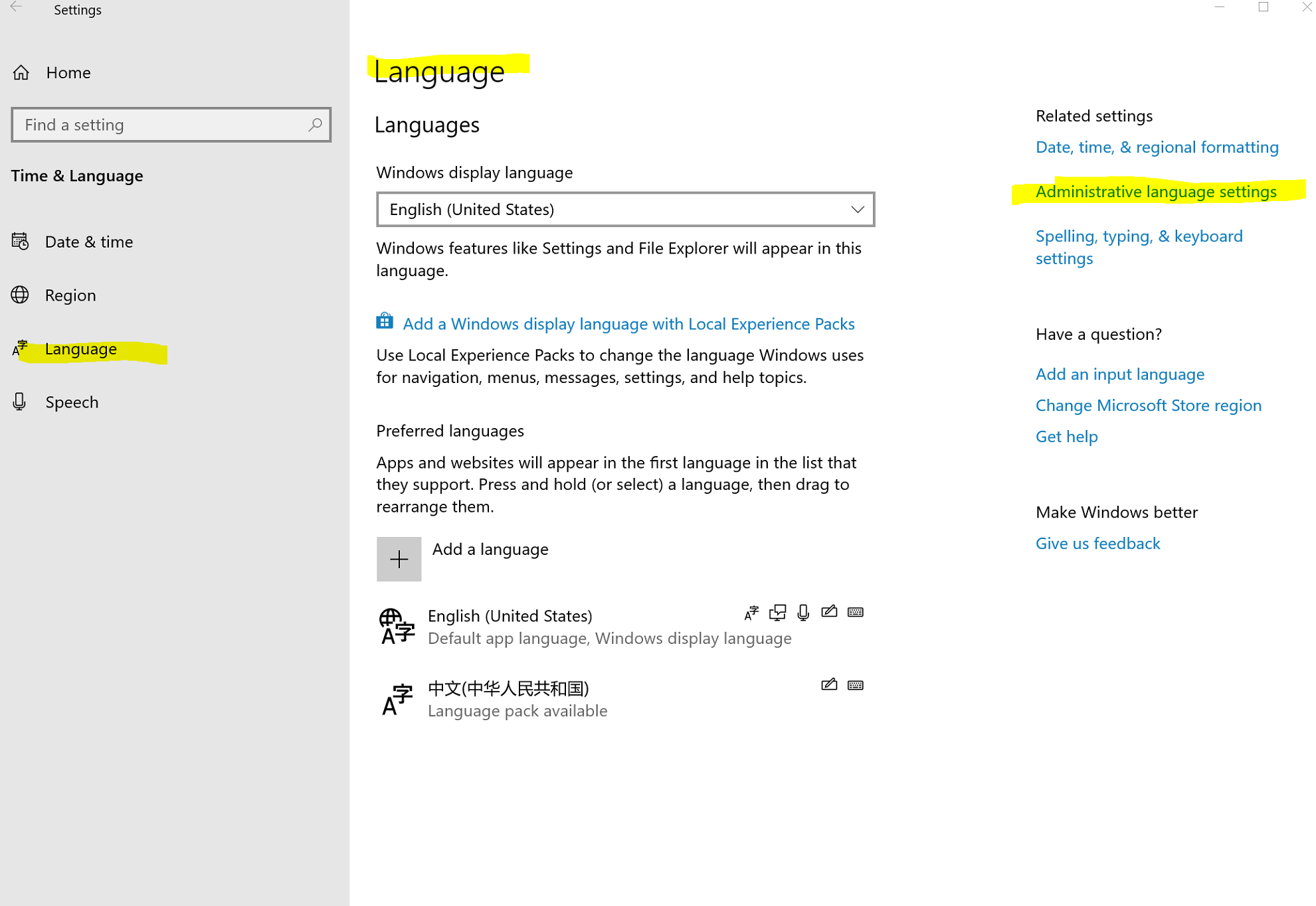 Windows Region settings, Administrative Language Settings.