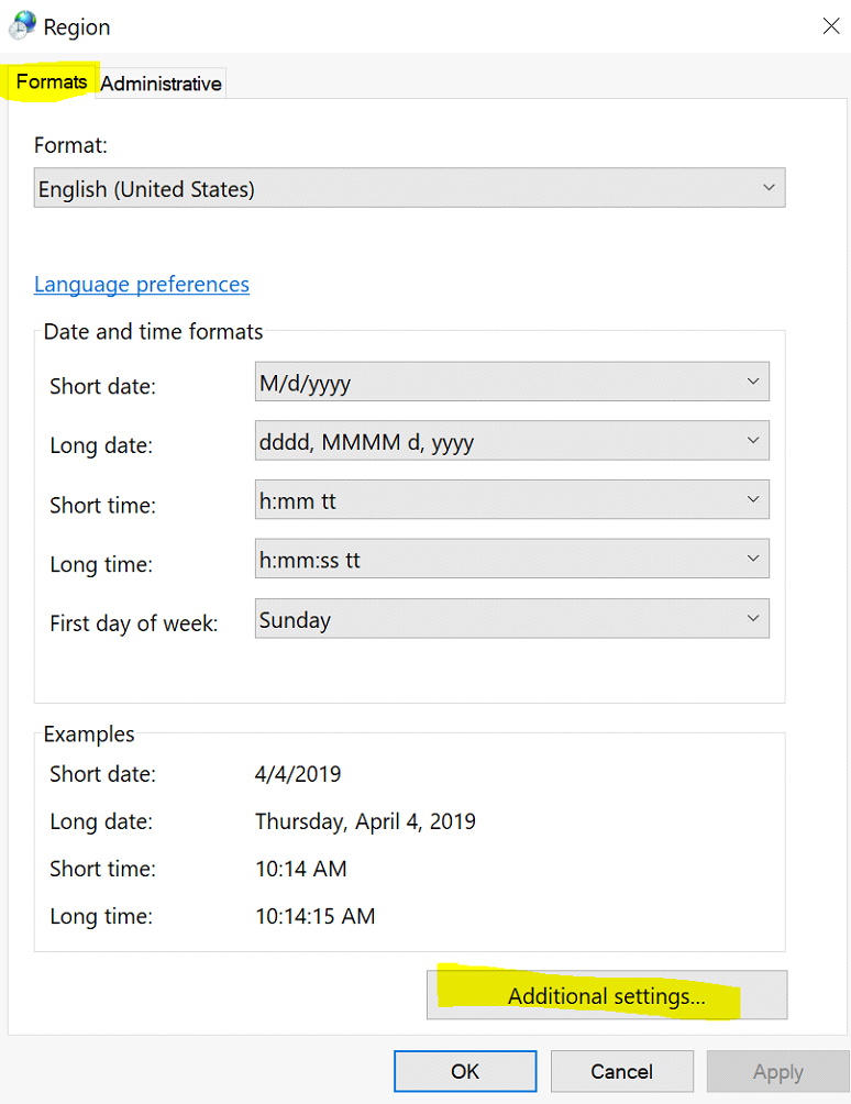 Formats tab with the Additional settings button.
