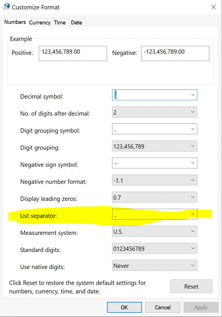 List separator field changed from semicolon to comma.