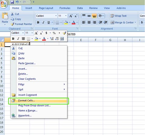 Right-click menu with Format Cells selected.