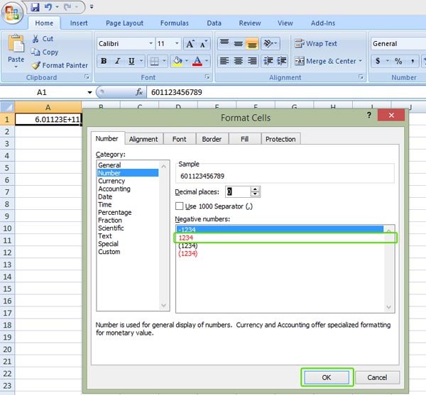 Format Cells dialog with Number category and 0 decimal places.
