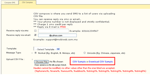 The CSV Compose page with the CSV Sample download button highlighted.