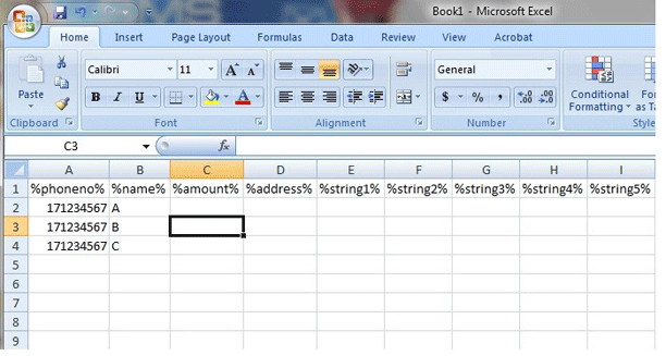 Data arranged in Excel with the phone number in the first column.