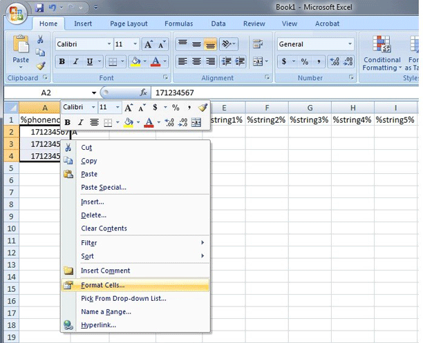 Right-click menu with Format Cells selected in Excel.