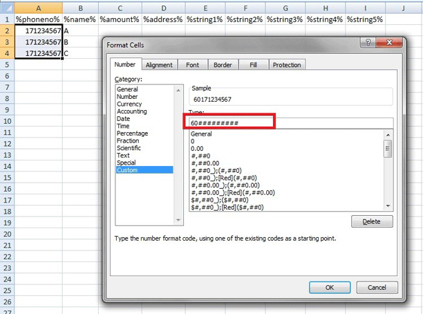 Custom number format 60########## entered in Excel.