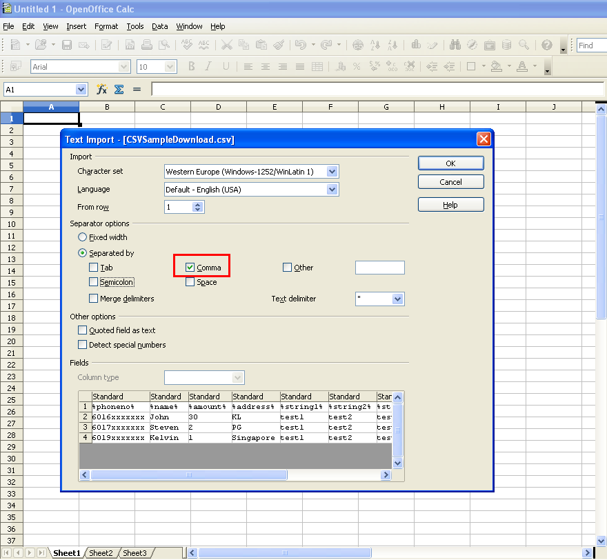 OpenOffice Calc text import with Comma selected as separator.
