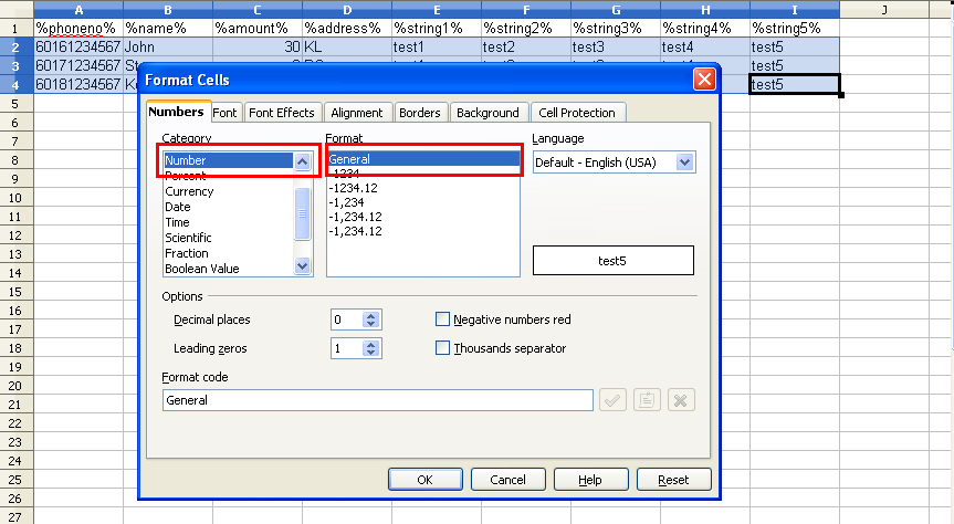 Number category with General format selected.