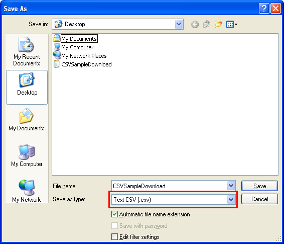 Save As dialog with Text CSV file type selected.