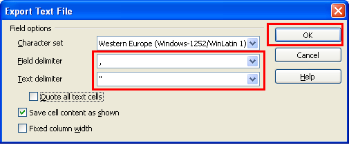 Export dialog with comma field delimiter and quote text delimiter.