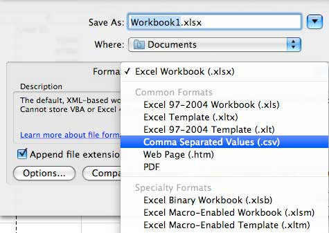 File Format dropdown open in Excel for Mac.