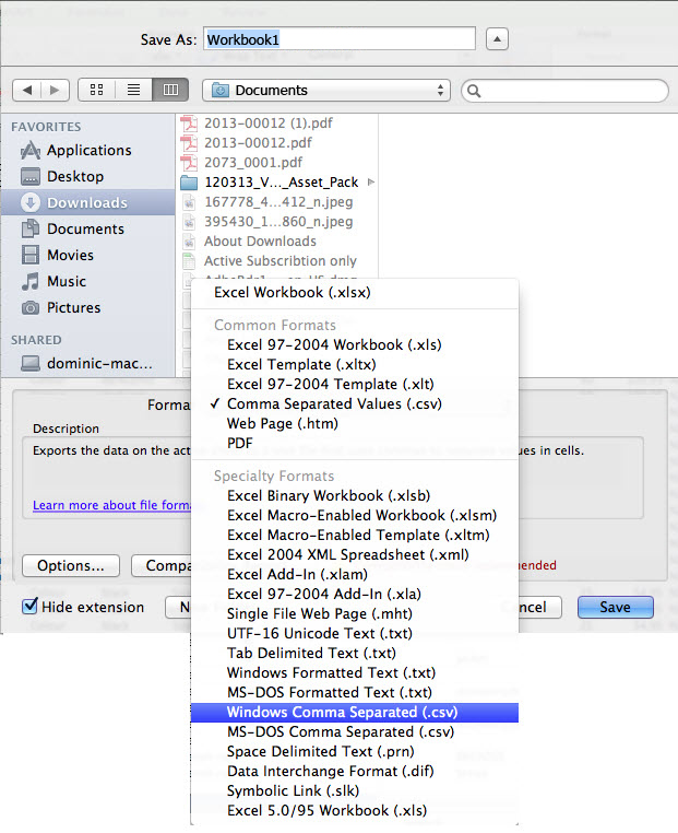 CSV format selected in the dropdown.
