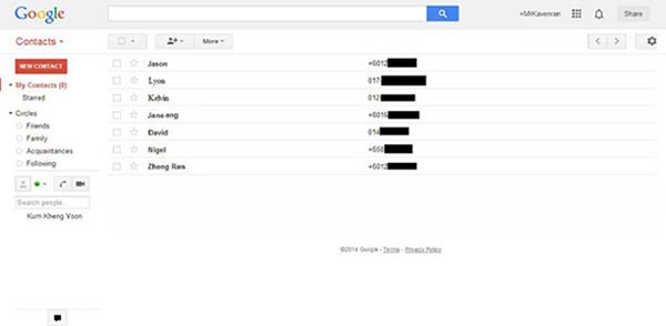 The Google Contacts interface.
