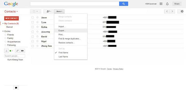 Export option in Google Contacts.