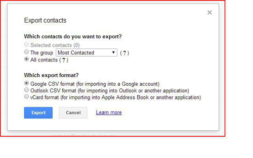 Export dialog with Google CSV format selected.