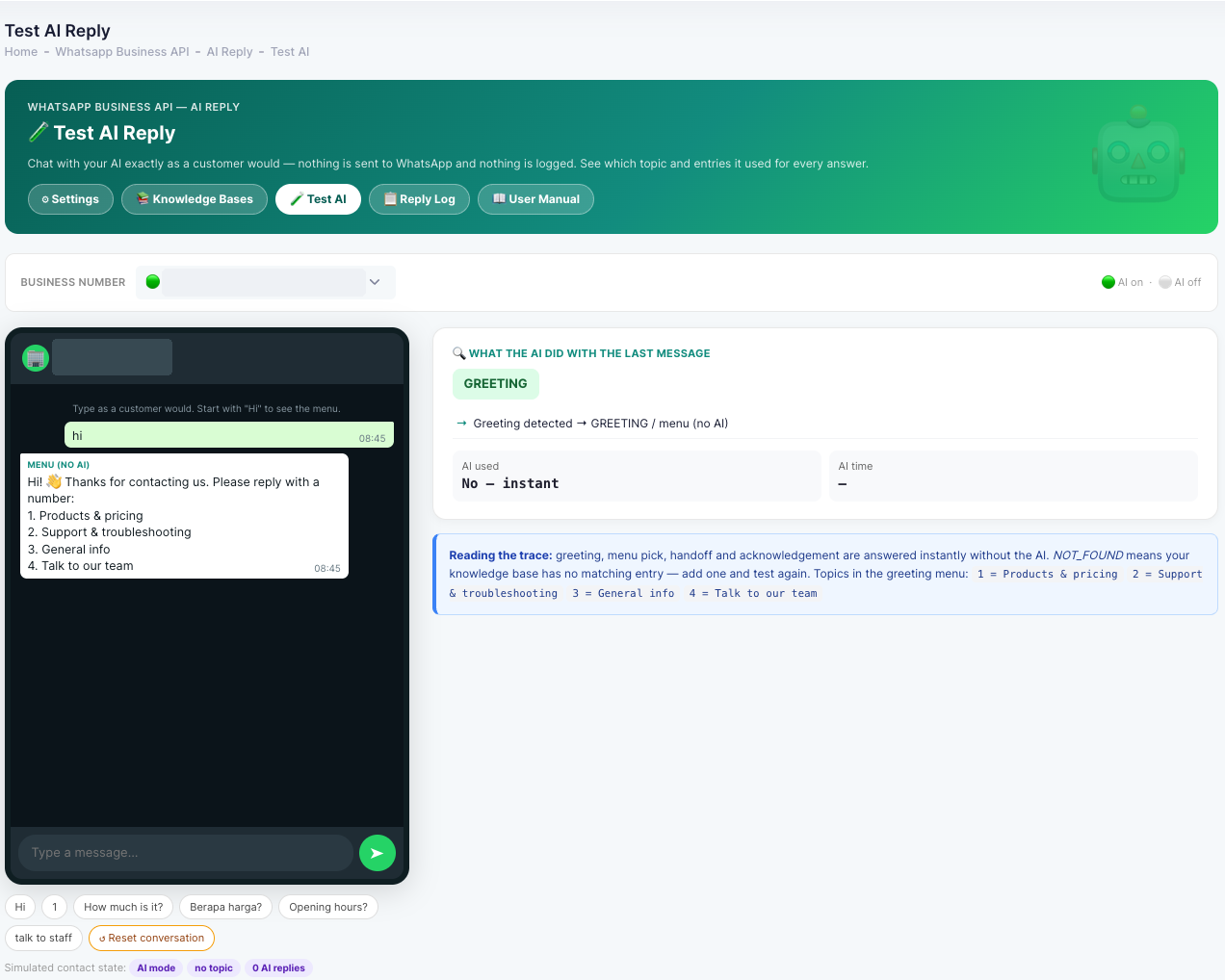 The Test AI Reply page: a WhatsApp-style chat simulator on the left with quick-test buttons, and a panel on the right showing what the AI did with the last message, whether AI was used and how long it took.